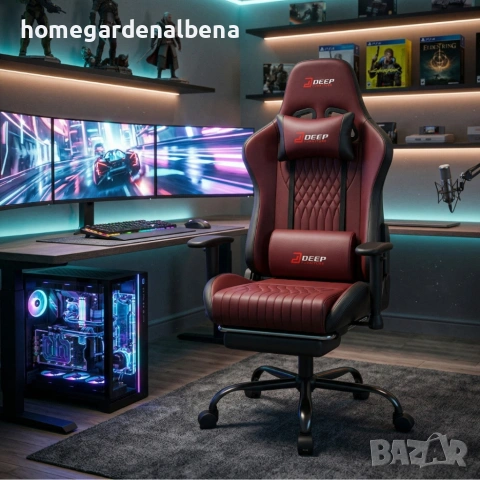 Ергономичен геймърски стол бордо с поставка за крака – комфорт от ново ниво!, снимка 4 - Столове - 54045977