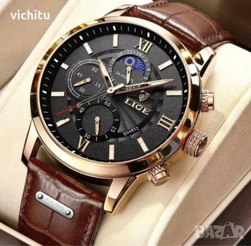 Луксозен мъжки нов ръчен часовник LIGE с кафява кожена каишка., снимка 1 - Мъжки - 46019553