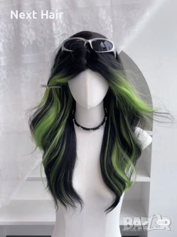 Синтетична черна чуплива перука с лимонено-жълто-зелени краища, снимка 3 - Аксесоари за коса - 52897709