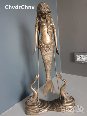 46см-5кг статуетка/бронзова скулптура/стара фигура на русалка/риба кай
