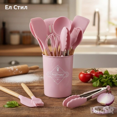 Комплект 12 части кухненски прибори със стойка–силиконови накрайници, дървени дръжки, снимка 15 - Прибори за хранене, готвене и сервиране - 53572991