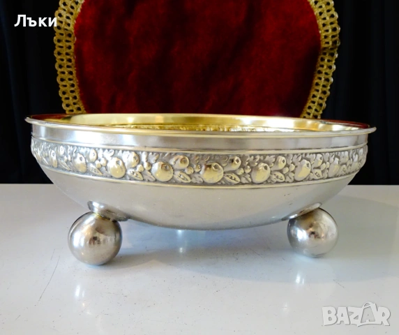 Посребрена фруктиера,купа,релефни рози,позлата. , снимка 3 - Антикварни и старинни предмети - 53830148