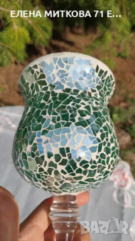 Уникален масивен стъклен свещник тип бокал с мозайка, снимка 3 - Декорация за дома - 50437601