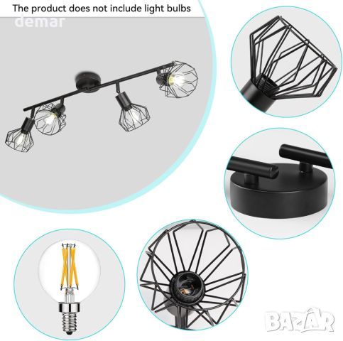 CANMEIJIA Ретро таванни лампи, въртящи се 4-посочни прожектори с E14, черно, снимка 2 - Полилеи - 45343767