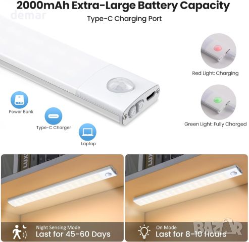 Кухненски лампи под шкафа 4 бр, 20 см, 2000mAh, 40 LED, USB-C, снимка 5 - Лед осветление - 45118787