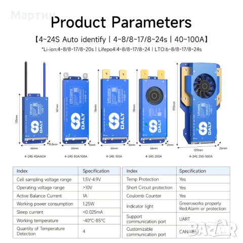 BMS DALY Smart 12V 24V 150A 4S 8S LIFEPO4 Active balance 1A, снимка 2 - Друга електроника - 51930271