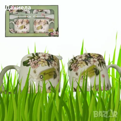 Комплект две чаши с лъжички и чинийки в зелени нюанси, снимка 3 - Чаши - 49792663