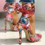 Дамски сатенени обувки с висок ток,с флоралeн щамп, модни сандали тип D'Orsay с връзки, за повод, снимка 1 - Дамски елегантни обувки - 45747688
