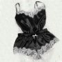 Елегантна дамска пижама – топ, къси панталонки и сатениран аксесоар. Цветове - чисто черен/черен, че, снимка 16
