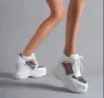 Кецове на платформа - бяла кожа с розов брокат - PA950, снимка 1