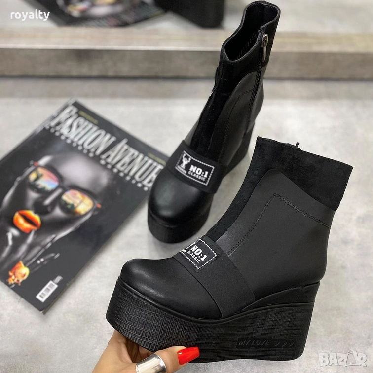 Боти на платформа - черна кожа, снимка 1