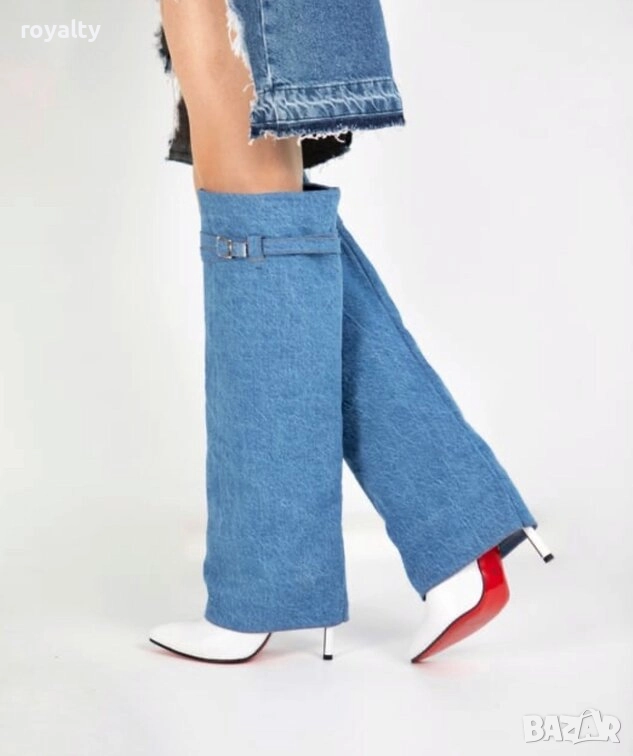 Ботуши на ток - деним и бяла кожа, снимка 1