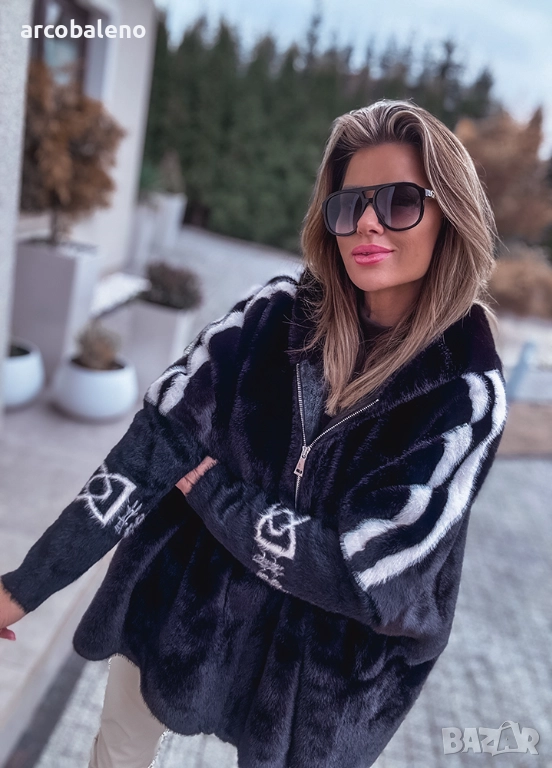 Черно дамско кожено яке от премиум вълна с ангора, снимка 1