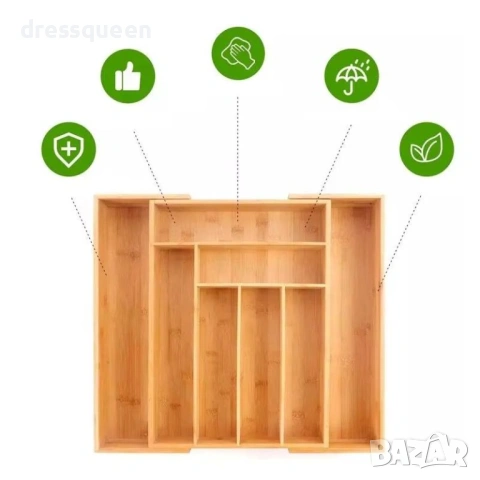 4729 Универсален разделител за прибори от бамбук – Регулируем размер с допълнителни секции, снимка 5 - Други - 53779283