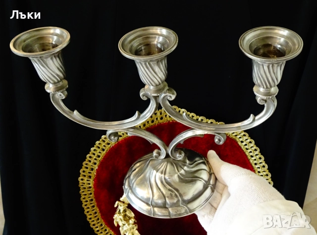 Троен свещник,свещник тройка от калай,Art Nouveau. , снимка 4 - Антикварни и старинни предмети - 52504488