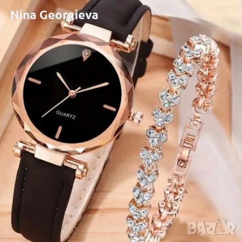 Елегантен дамски комплект часовник и гривна с розово злато, снимка 4 - Бижутерийни комплекти - 53851402