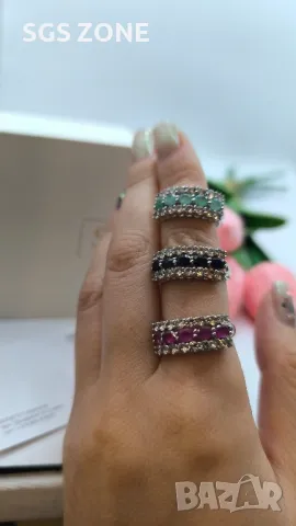 Сребърен Пръстен с Рубин/Сапфири/Изумруди и Два Реда Прозрачни Топази💎
