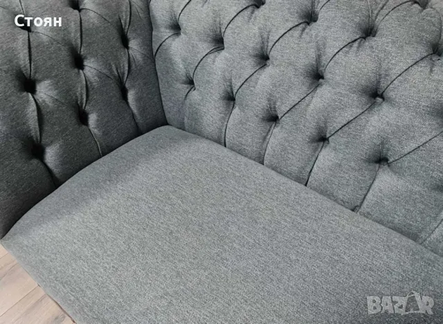 Сив комплект от плат Честърфийлд диван тройка и фотьойл, снимка 3 - Дивани и мека мебел - 50059641