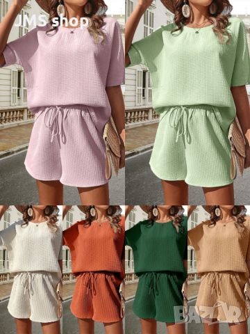 Празнични ежедневни дамски комплекти къси панталони с едноцветен полиестерен жакард, 6цвята , снимка 1 - Комплекти - 45478892