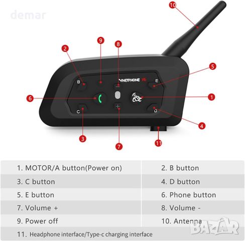 FDmiej V6 Bluetooth Интерком Водоустойчива комуникационна система с намаляване на шума, 1 бр., снимка 4 - Аксесоари и консумативи - 45650345