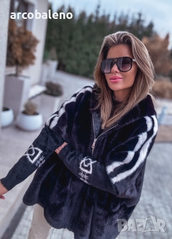 Черно дамско кожено яке от премиум вълна с ангора