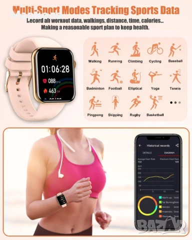 Дамски Смарт часовник 1,85-инчов дисплей / HD извит екран, монитор за сърдечен ритъм/сън, снимка 7 - Друга електроника - 49539614