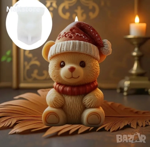 3D Коледно мече с шапка и шал силиконов молд форма свещи гипс сапун смола фондан шоколад , снимка 3 - Форми - 52512767