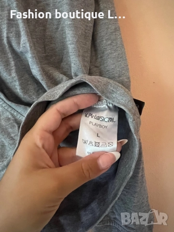 Сив дамски суитшърт с качулка и джобове L размер 100% памук на марката PlayBoy 🩶, снимка 7 - Суичъри - 52210731