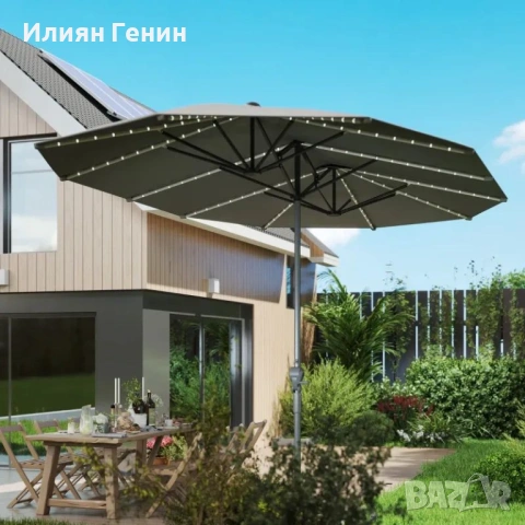 Двоен чадър за градина Outsunny със слънчеви лампи, снимка 4 - Градински мебели, декорация  - 53922475