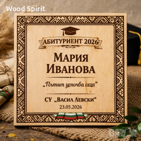 Луксозен подарък за абитуриент 2026 – гравирана дървена табела 🎓