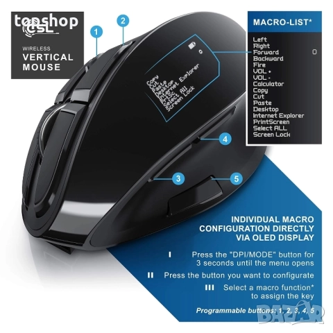 Чисто нова CSL - Ергономична безжична вертикална оптична мишка с OLED дисплей, Bluetooth + USB 2,4Gh, снимка 4 - Клавиатури и мишки - 51589006