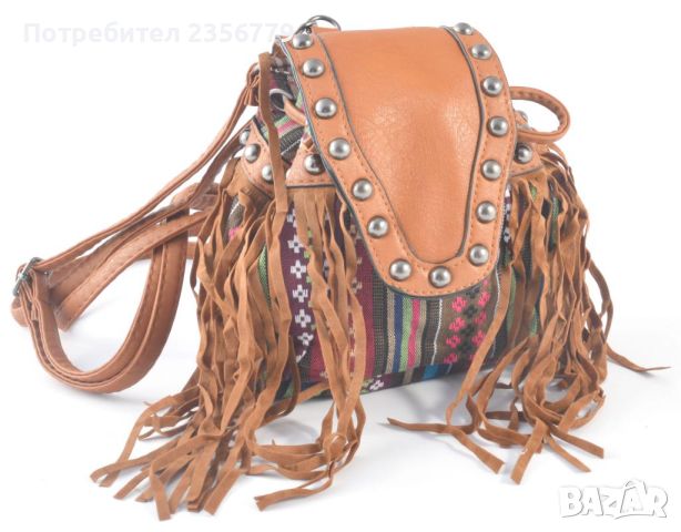 Дамска чанта тип раничка декорирана с ресни в кафяв цвят, снимка 3 - Чанти - 45651543