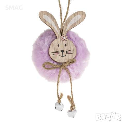 Великденска висяща дървена декорация – пухкаво лилаво зайче със звънчета, 22 см_1233677