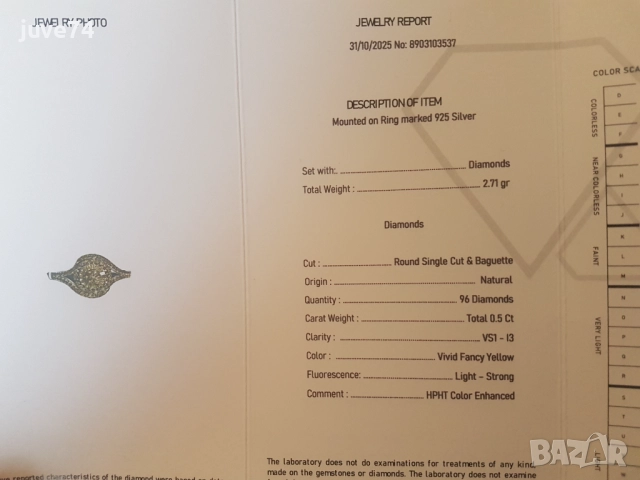 СРЕБЪРЕН ПРЪСТЕН С ЕСТЕСТВЕНИ ЖЪЛТИ ДИАМАНТИ СЕРТИФИКАТ, снимка 5 - Пръстени - 52236917