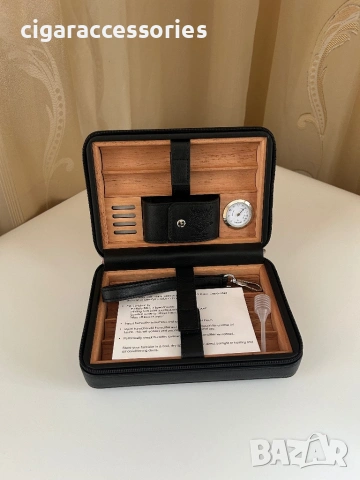 Преносим хумидор за 6 пури – естествена кожа, кедър, хигрометър, снимка 2 - Табакери - 53887402