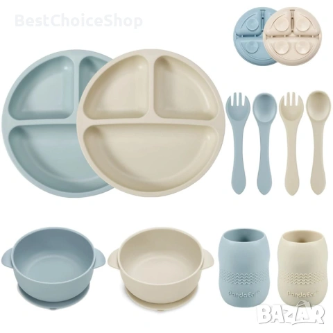 PandaEar Силиконов комплект за хранене за бебета с вендузи – 6 части, снимка 7 - Прибори, съдове, шишета и биберони - 53091399