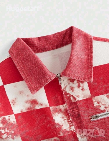 Ново мъжко дънково яке червено шах деним памук ХЛ, снимка 3 - Якета - 53092651