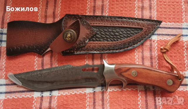 Ловен нож дамаска стомана сърцевина VG10 кожена кания, снимка 2 - Ножове - 54003705
