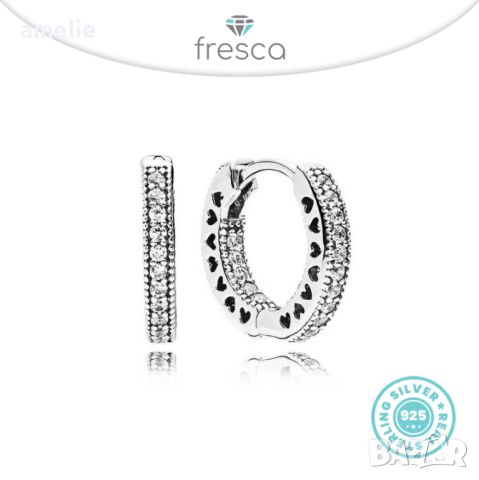 Обеци Fresca по модел тип Пандора сребро 925 Pandora Sparkle and Hearts Hoop. Колекция Amélie, снимка 1 - Обеци - 36982742
