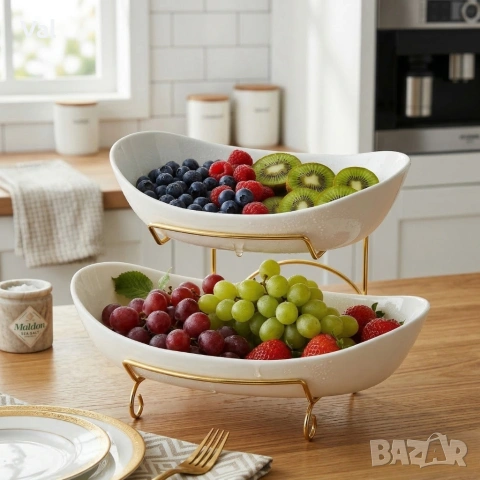 Луксозна двуетажна етажерка за плодове с керамични купи и златна стойка (2 нива), снимка 4 - Чинии - 53918303