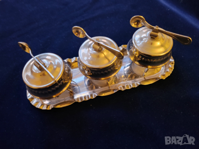 съдче за хайвер, горчица,подправки 3 броя, обков мелхиор+поднос+3 лъжички / и друг от порцелан+неръж, снимка 9 - Други ценни предмети - 51154710