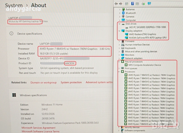 NVidia RTX 4070 8GB/AMD Ryzen 7 8845HS/16GB RAM/1TB SSD NVME/16 IPS 165Hz/HP Victus 16 Gaming геймър, снимка 15 - Лаптопи за игри - 53858589