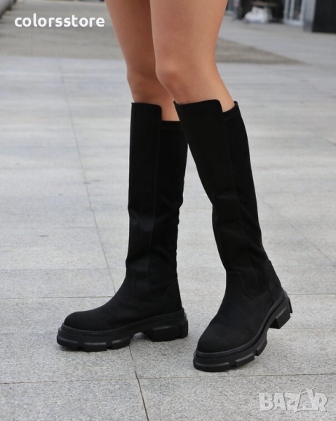 Равни ботуши - черен велур - BT750 , снимка 1