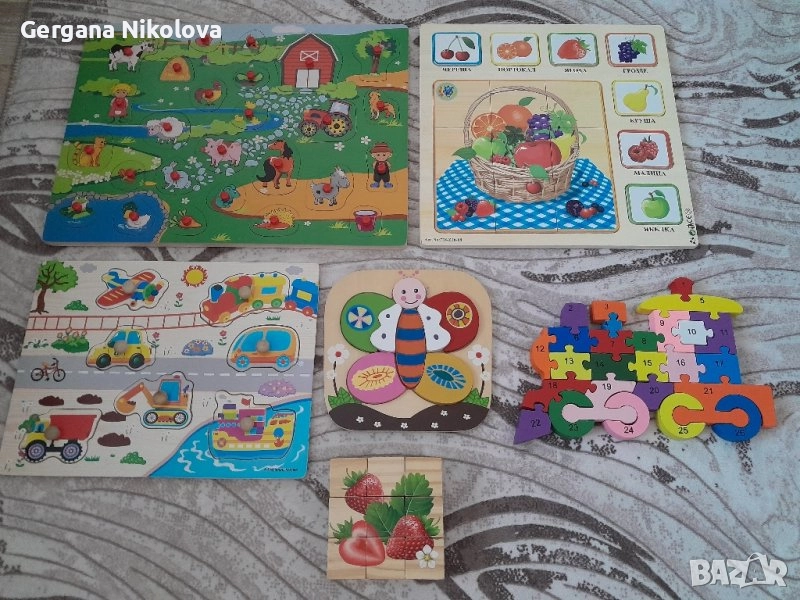 Дървени пъзели,сортер и сервиз за хранене, снимка 1