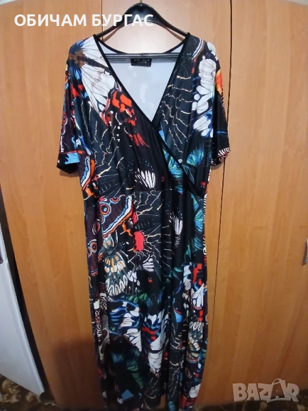 НОВА 3xl ПРЕКРАСНА ДЪЛГА РОКЛЯ С ПЪСТРИ ПЕПЕРУДИ към нея има коланче и скрънч за коса , снимка 1