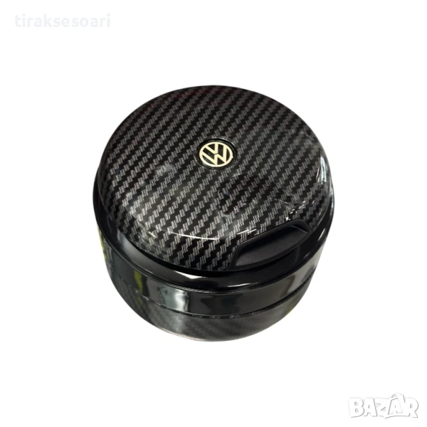 Луксозен пепелник VW с LED светлина – карбон гланц дизайн за автомобил, снимка 1