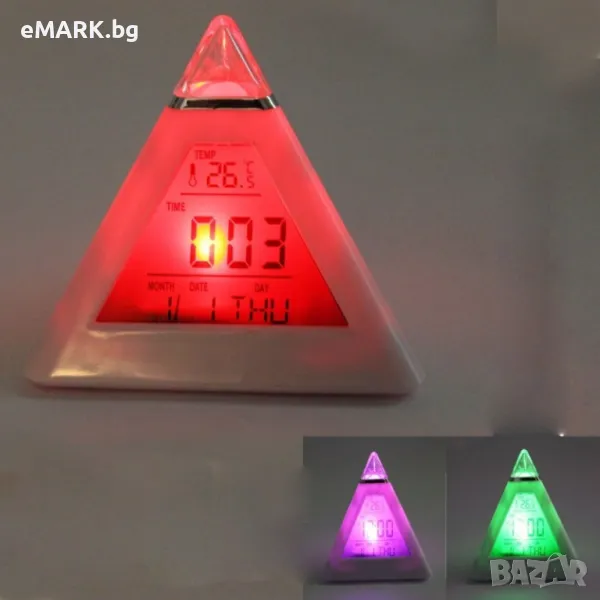 Настолен LED часовник светещ в 7 цвята с форма на пирамида в бял цвят, снимка 1