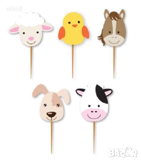 10 бр Домашни животни крава овца кон куче пиле топери клечки за мъфини кексчета парти декор, снимка 1