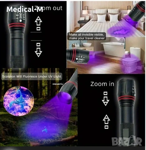 LED UV фенерче, презареждаемо, с регулируем фокус (зуум) – ултравиолетова лампа, снимка 5 - Къмпинг осветление - 53717946