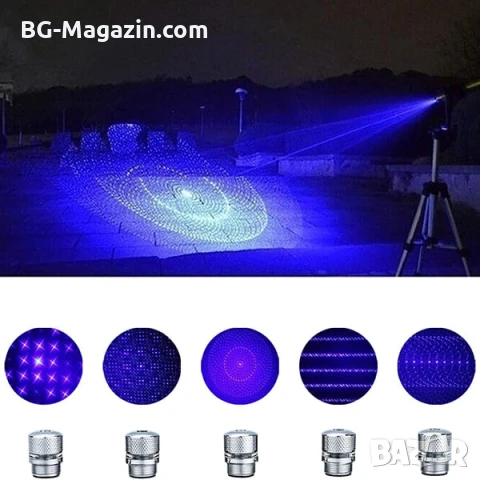 Мощен акумулаторен син лазер 5000mW батерии 18650 предпазни очила горящ палещ клечка кибрит балон, снимка 2 - Друга електроника - 51040547